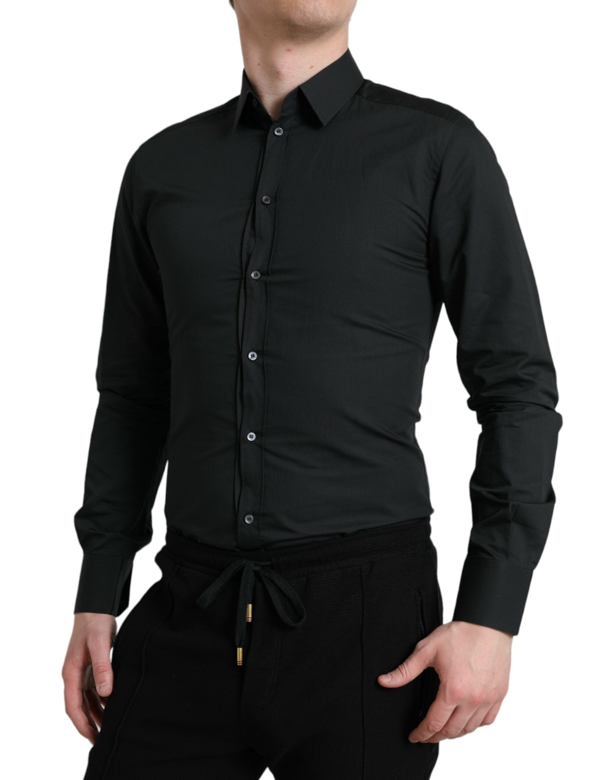 Black cotton silk formal gold dress shirt by Dolce & Gabbana, featuring a sleek design and elegant gold accents.