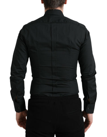 Black cotton silk formal gold dress shirt by Dolce & Gabbana, featuring a tailored fit and elegant design.