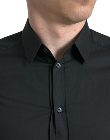 Black cotton silk formal dress shirt by Dolce & Gabbana, featuring a classic fit with gold accents and button-down collar.
