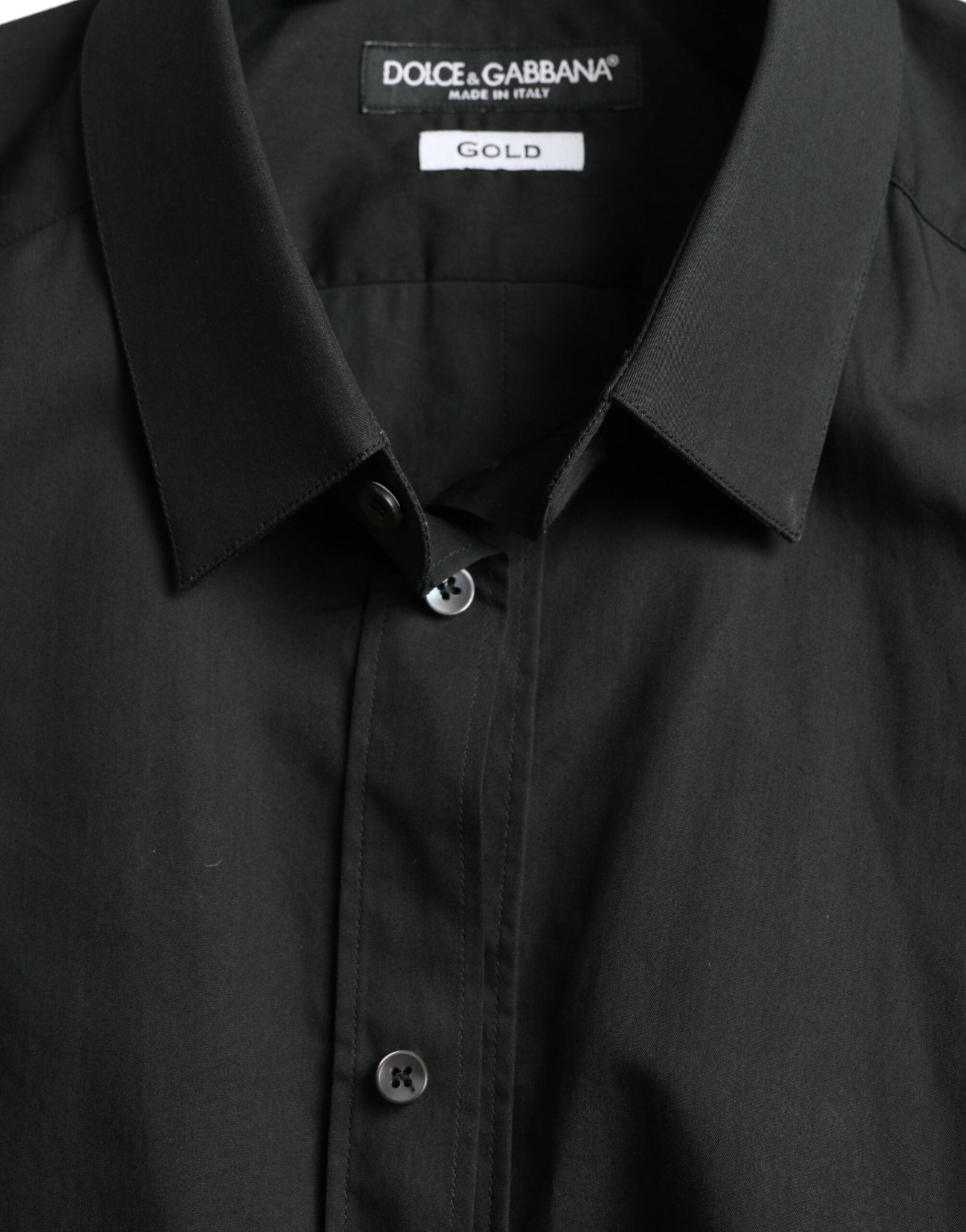 Black cotton silk formal gold dress shirt by Dolce & Gabbana, featuring a sleek collar and elegant design.