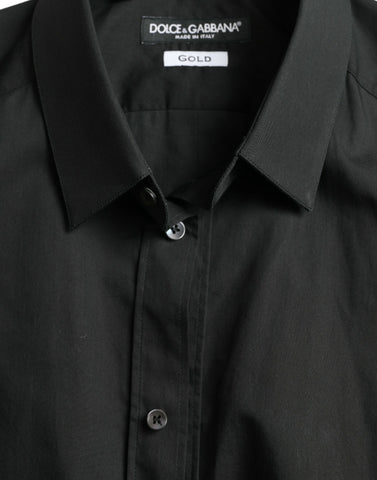 Black cotton silk formal gold dress shirt by Dolce & Gabbana, featuring a sleek collar and elegant design.