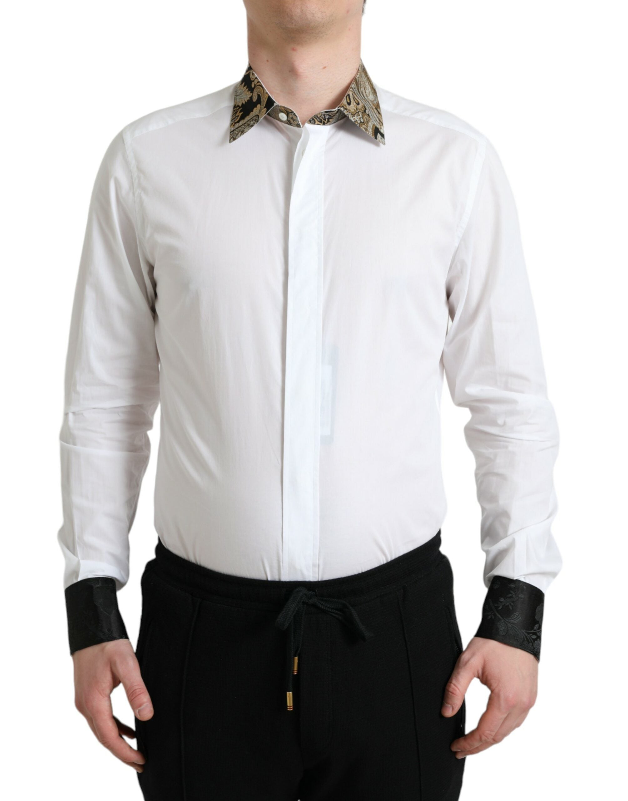 White cotton jacquard formal gold dress shirt by Dolce & Gabbana, featuring intricate patterns and a classic collar.