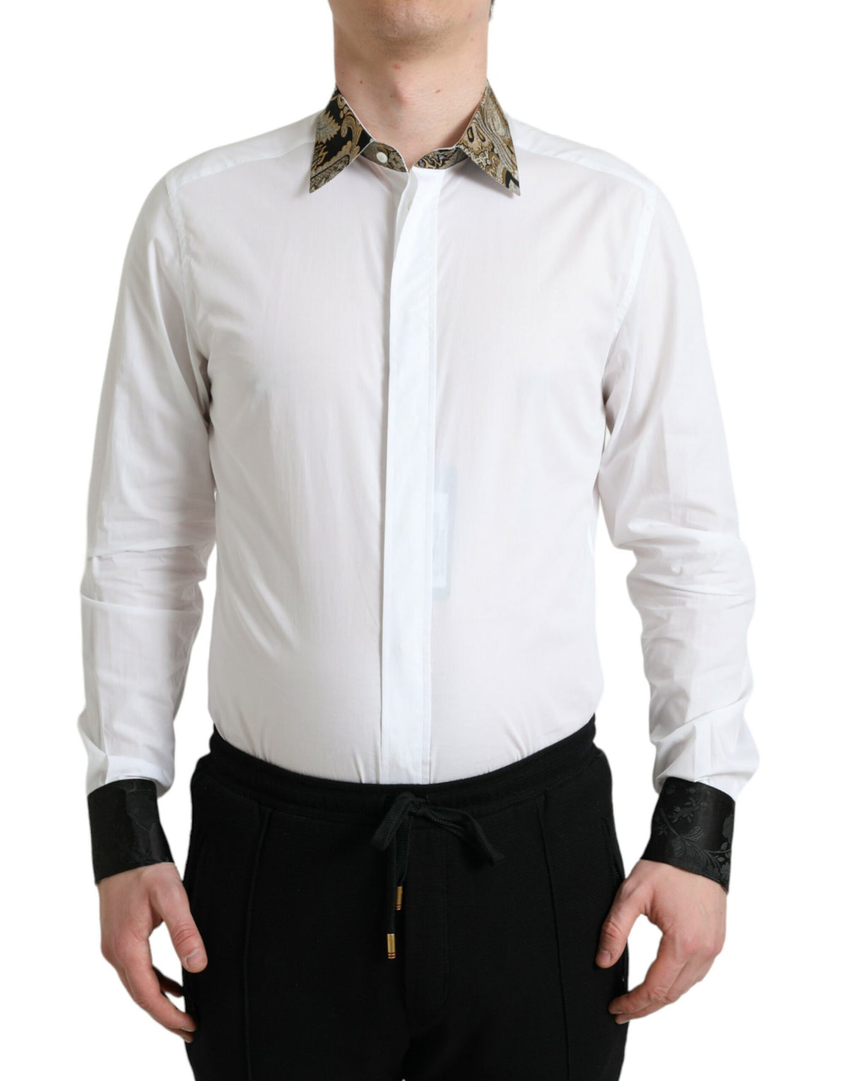 White cotton jacquard formal gold dress shirt by Dolce & Gabbana, featuring intricate patterns and a classic collar.