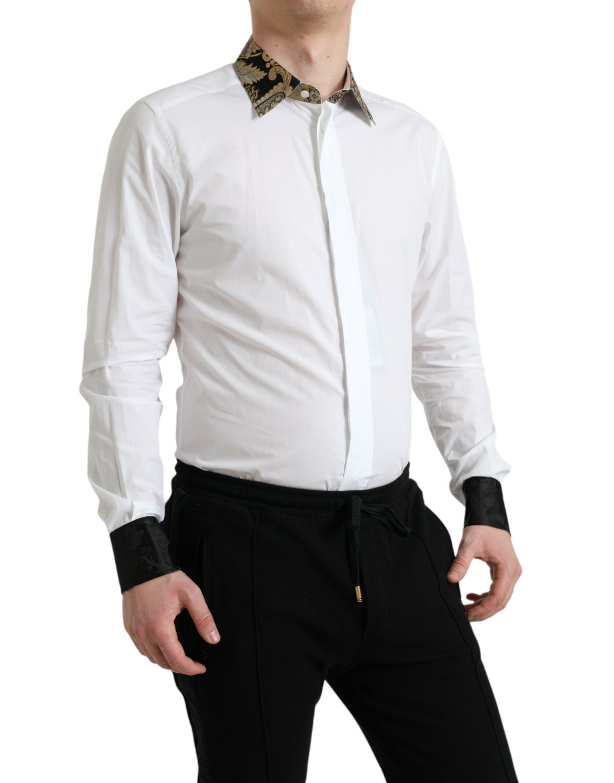 White cotton jacquard formal dress shirt by Dolce & Gabbana with gold accents, featuring a classic collar and button front.