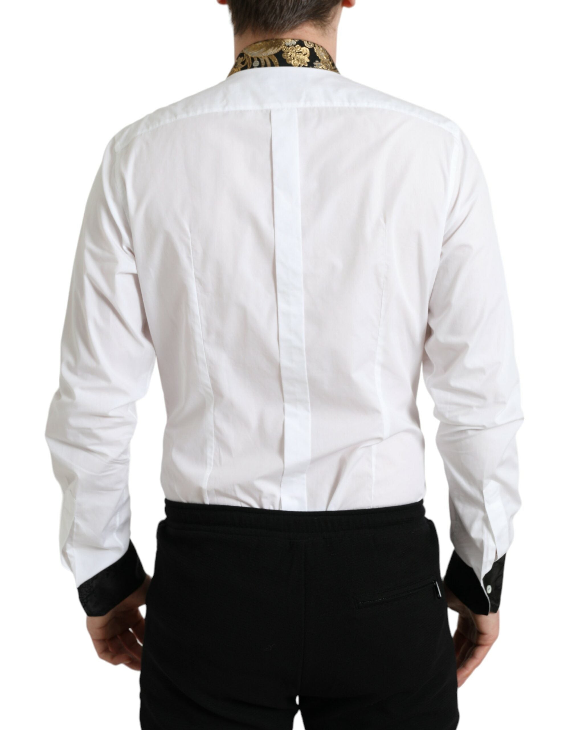 White cotton jacquard formal gold dress shirt by Dolce & Gabbana, featuring intricate pattern and classic collar.