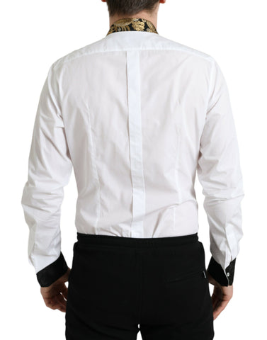 White cotton jacquard formal gold dress shirt by Dolce & Gabbana, featuring intricate pattern and classic collar.