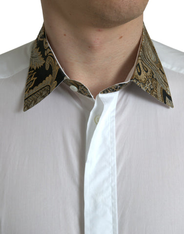 White cotton jacquard formal gold dress shirt by Dolce & Gabbana, featuring intricate woven pattern and classic collar.