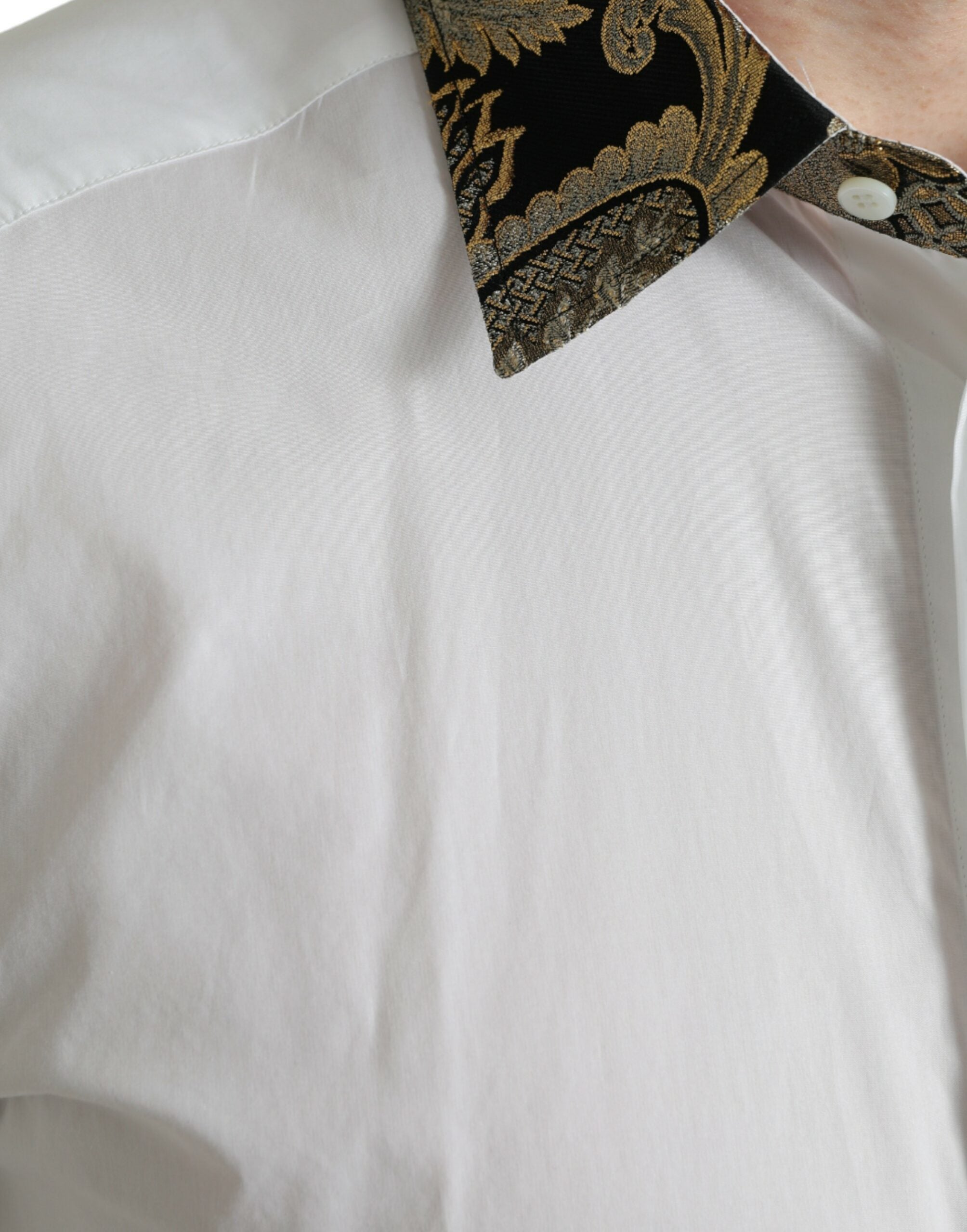 White cotton jacquard formal gold dress shirt by Dolce & Gabbana, featuring intricate pattern and classic collar design.