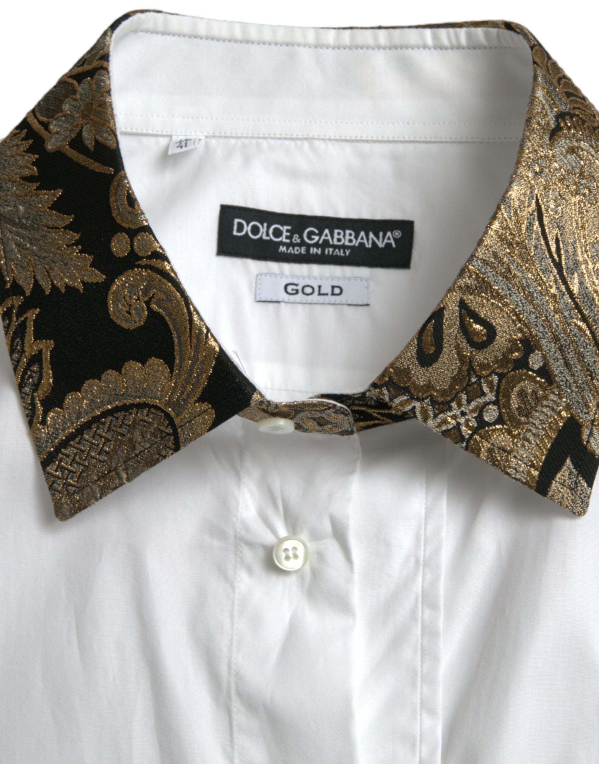 White cotton jacquard formal gold dress shirt by Dolce & Gabbana with intricate pattern and classic collar.