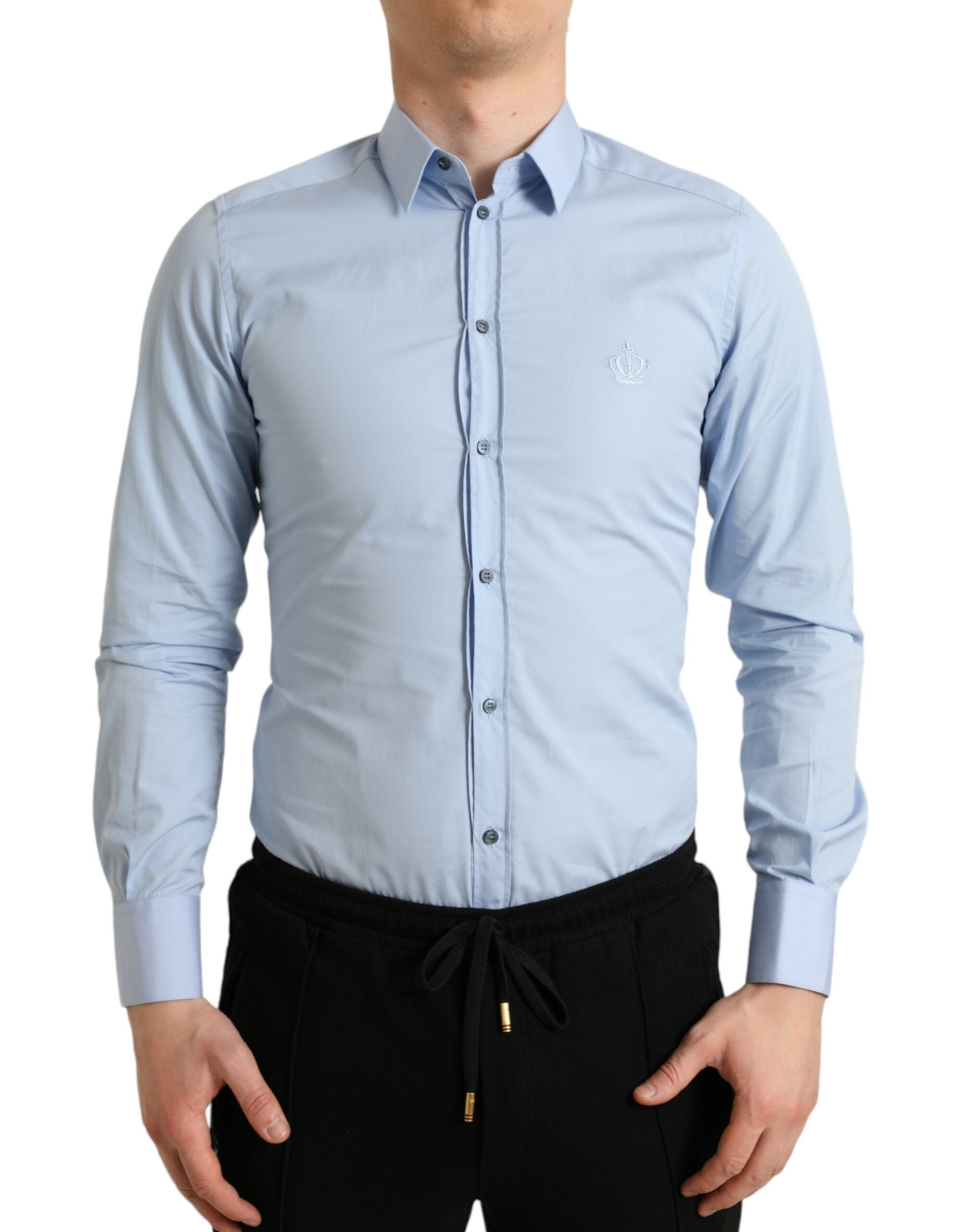 Sky blue cotton men's formal dress shirt by Dolce & Gabbana, featuring a classic gold-toned button design.