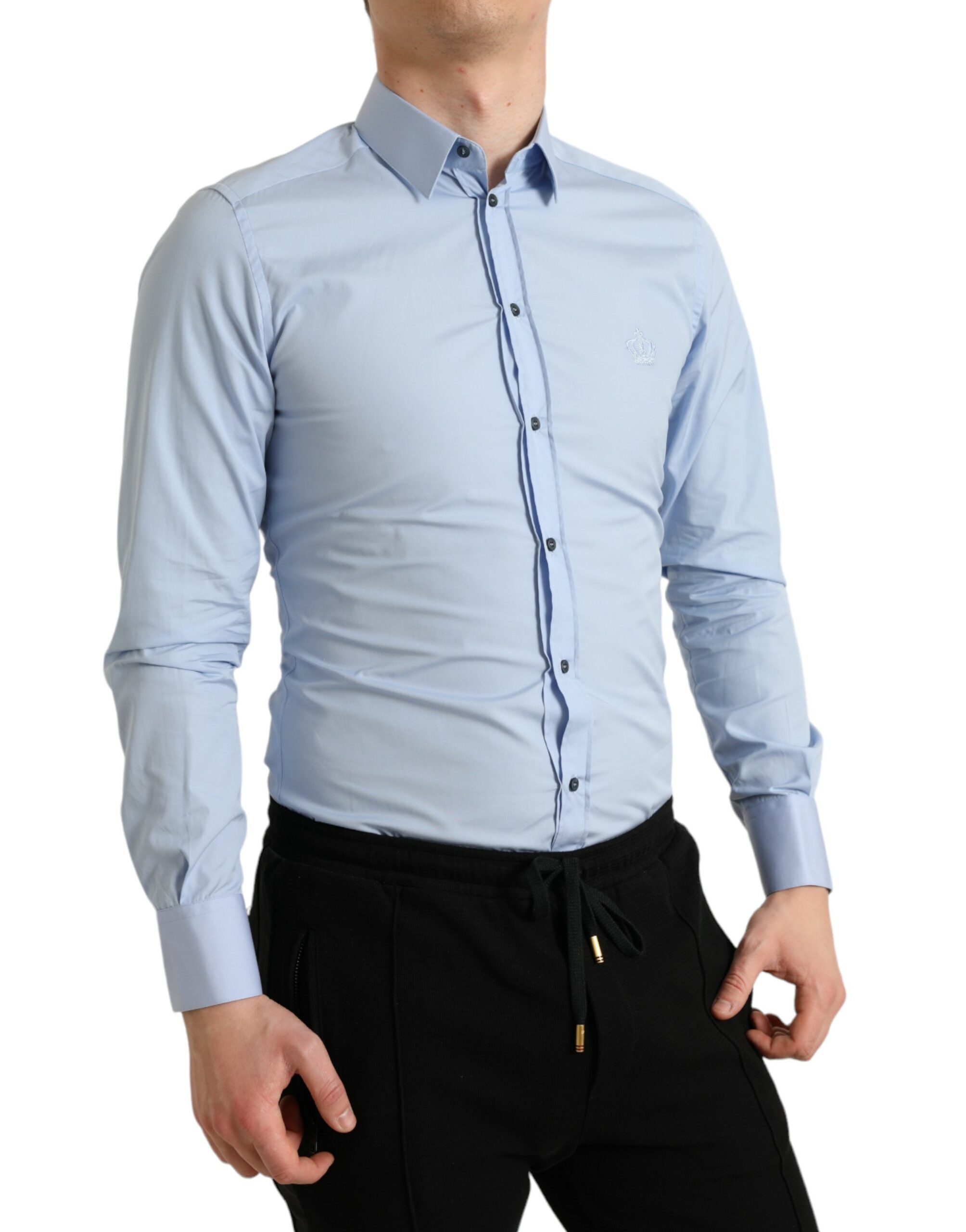 Sky blue cotton men's formal dress shirt by Dolce & Gabbana, featuring a classic gold collar detail and tailored fit.