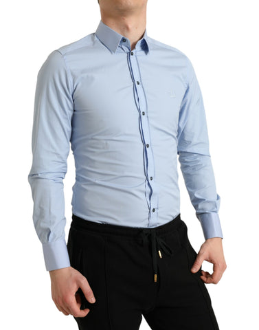 Sky blue cotton men's formal dress shirt by Dolce & Gabbana, featuring a classic gold collar detail and tailored fit.