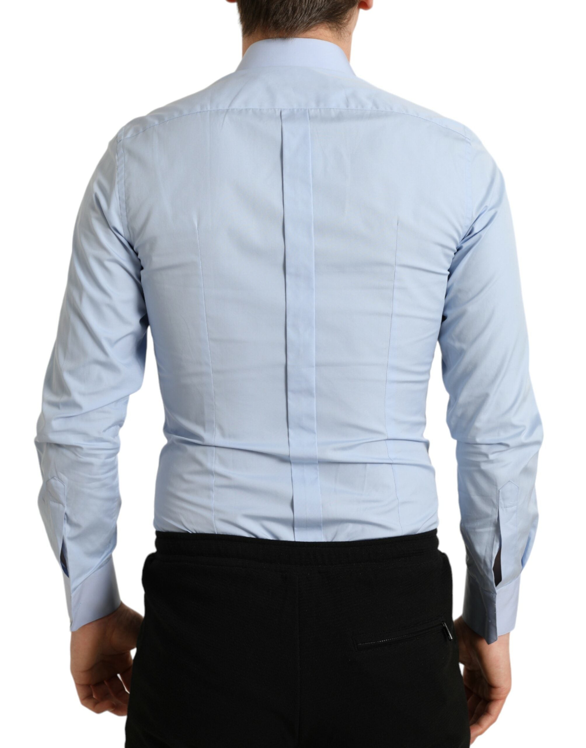 Sky blue cotton men's formal dress shirt by Dolce & Gabbana, featuring a classic gold collar and button details.