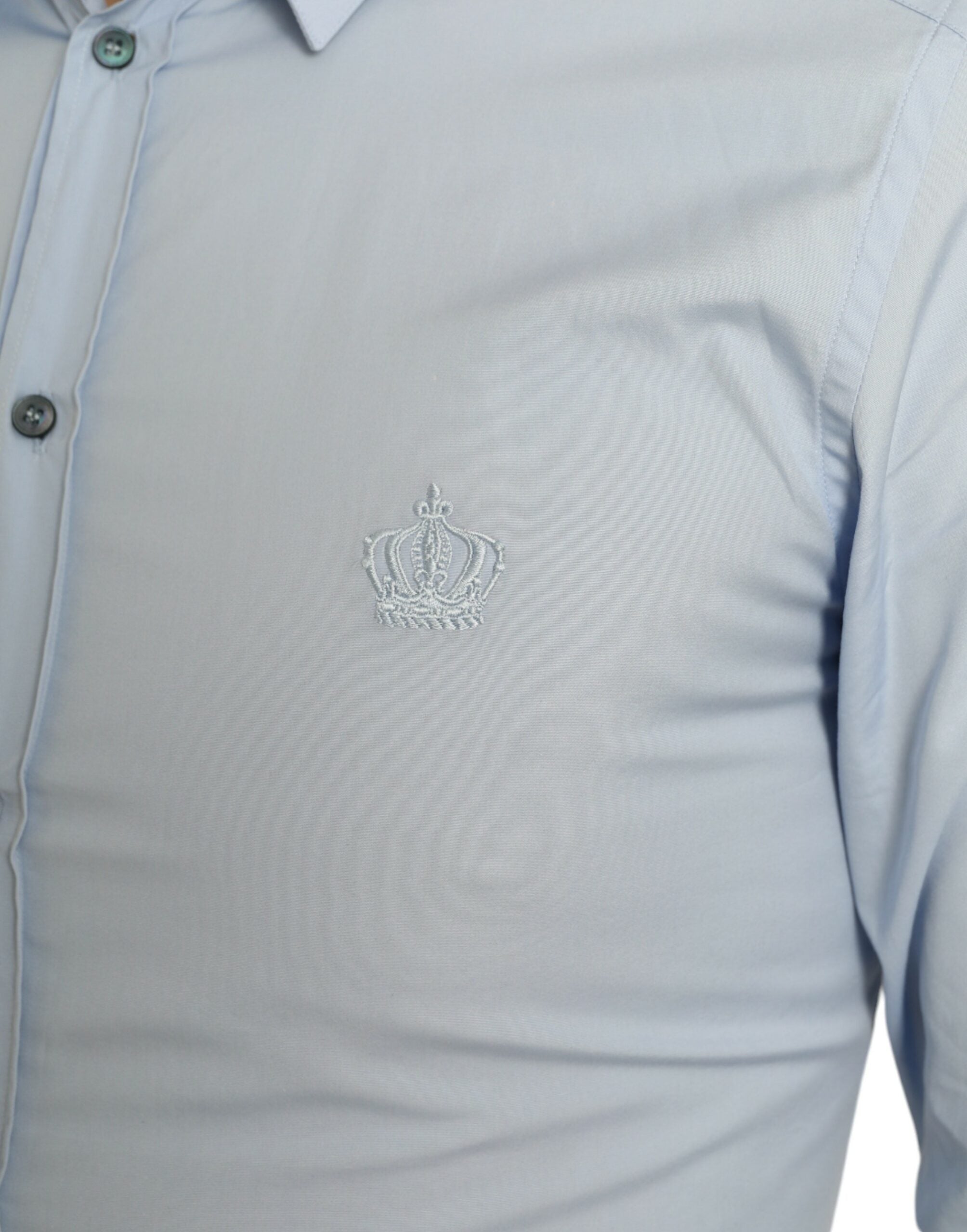 Sky blue cotton men's formal dress shirt by Dolce & Gabbana, featuring a classic gold button design and tailored fit.