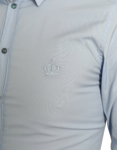 Sky blue cotton men's formal dress shirt by Dolce & Gabbana, featuring a classic gold button design and tailored fit.