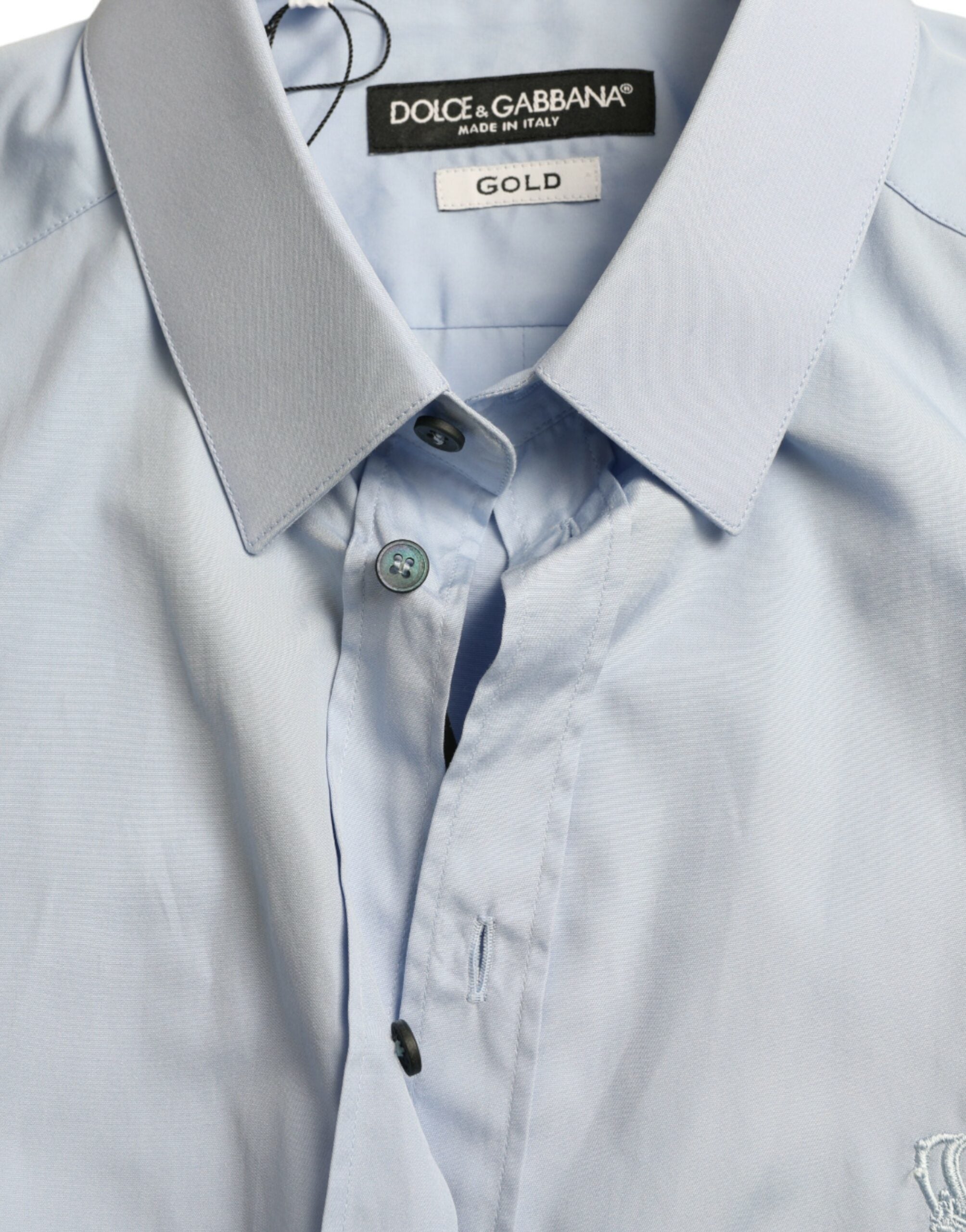 Sky blue cotton men's formal dress shirt by Dolce & Gabbana, featuring a classic gold button design and tailored fit.