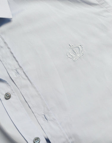 Sky blue cotton men's formal dress shirt by Dolce & Gabbana, featuring a gold-tone collar and button details.
