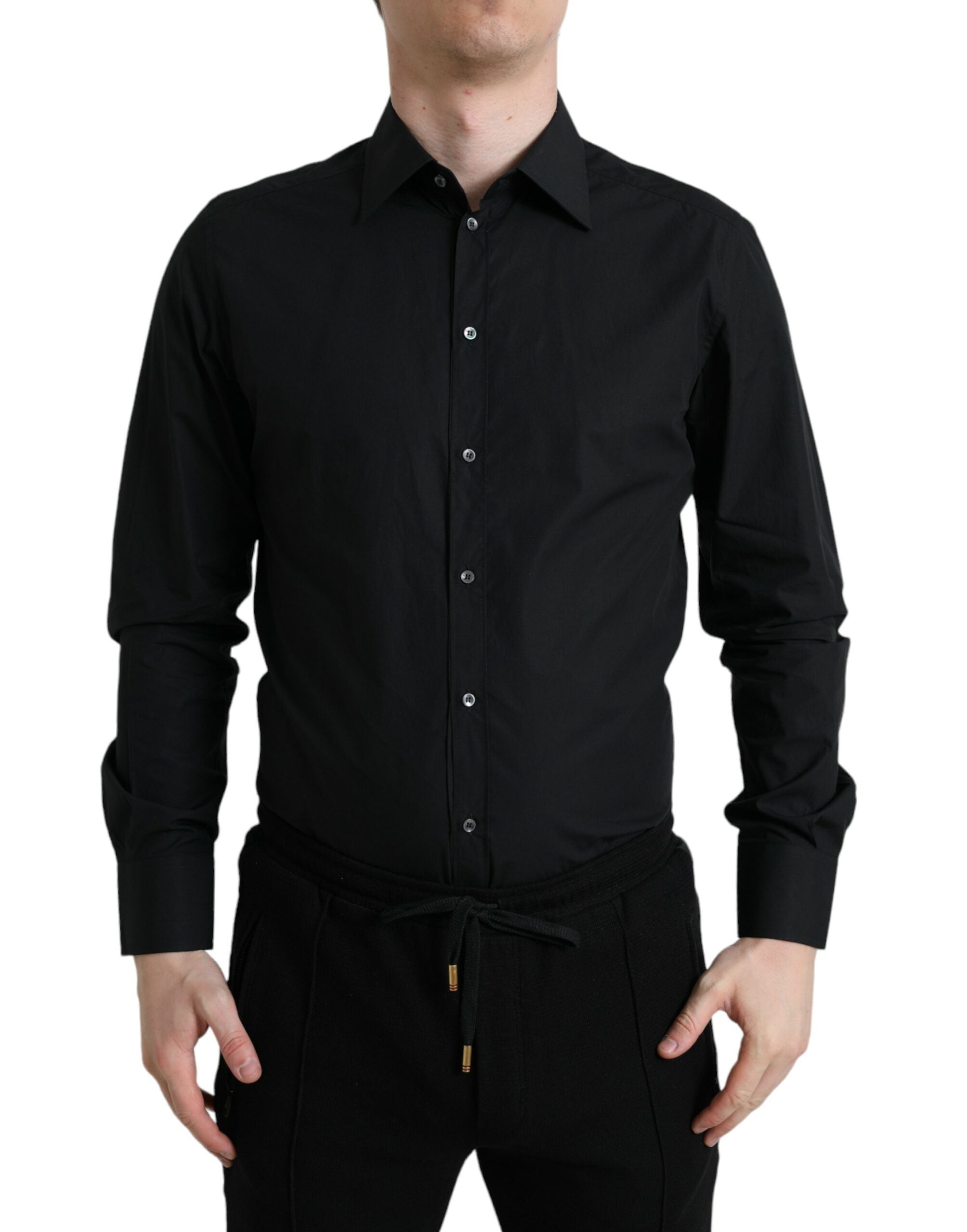 Black cotton men's formal gold dress shirt by Dolce & Gabbana, front view showing collar and button details.