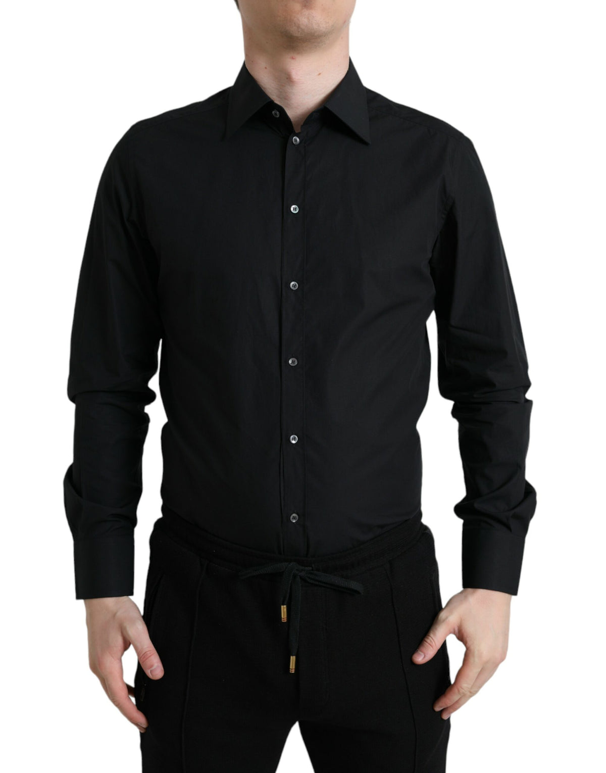 Black cotton men's formal gold dress shirt by Dolce & Gabbana, front view showing collar and button details.
