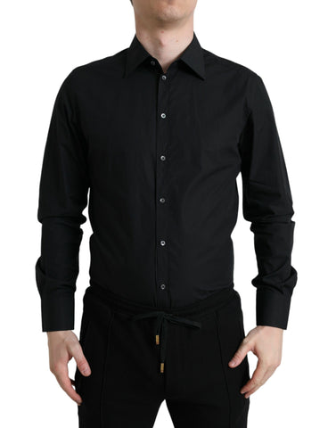 Black cotton men's formal gold dress shirt by Dolce & Gabbana, front view showing collar and button details.