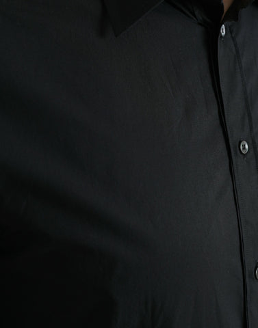 Black cotton men's formal gold dress shirt by Dolce & Gabbana, featuring a classic fit and elegant design.