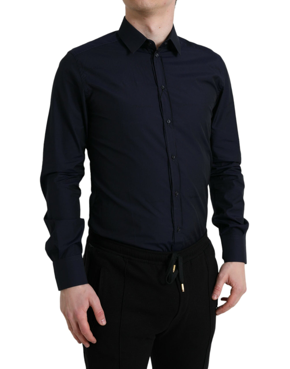 Navy blue slim fit formal gold dress shirt by Dolce & Gabbana, featuring a stylish collar and long sleeves.