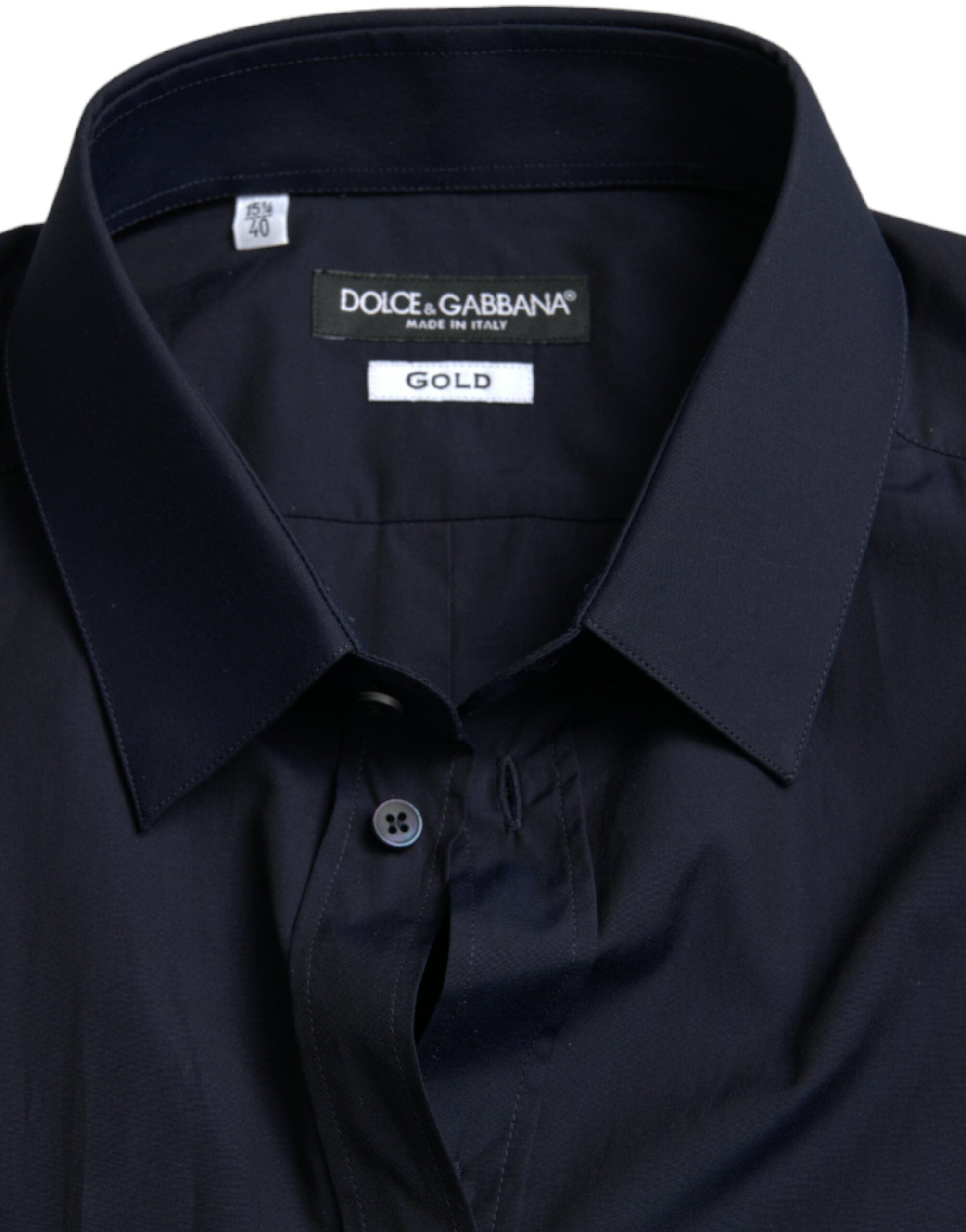 Navy blue slim fit formal dress shirt by Dolce & Gabbana with gold accents, shown laid flat on a white background.