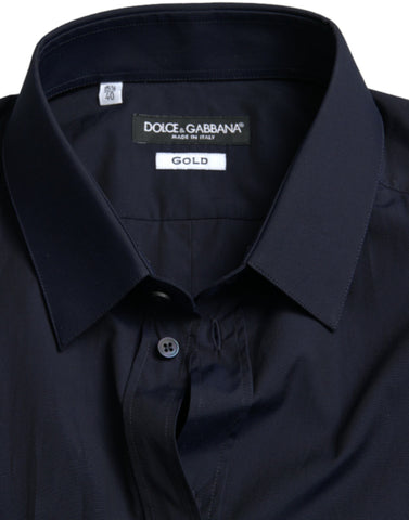 Navy blue slim fit formal dress shirt by Dolce & Gabbana with gold accents, shown laid flat on a white background.