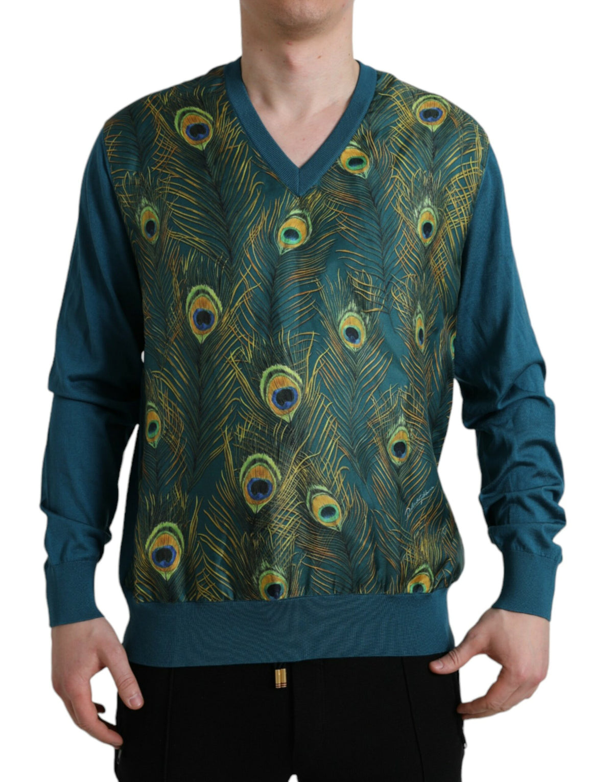 Green peacock feather pullover sweater by Dolce & Gabbana, featuring vibrant feather patterns and cozy knit fabric.