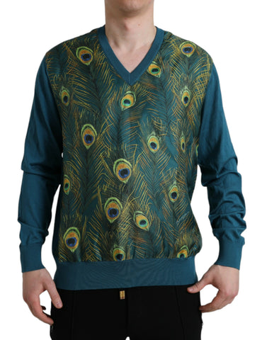 Green peacock feather pullover sweater by Dolce & Gabbana, featuring vibrant feather patterns and cozy knit fabric.