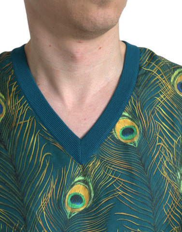 Green peacock feather Dolce & Gabbana pullover sweater with detailed feather pattern and cozy knit fabric.