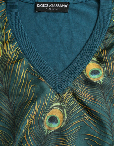 Green peacock feather Dolce & Gabbana pullover sweater with detailed feather pattern and cozy knit fabric.