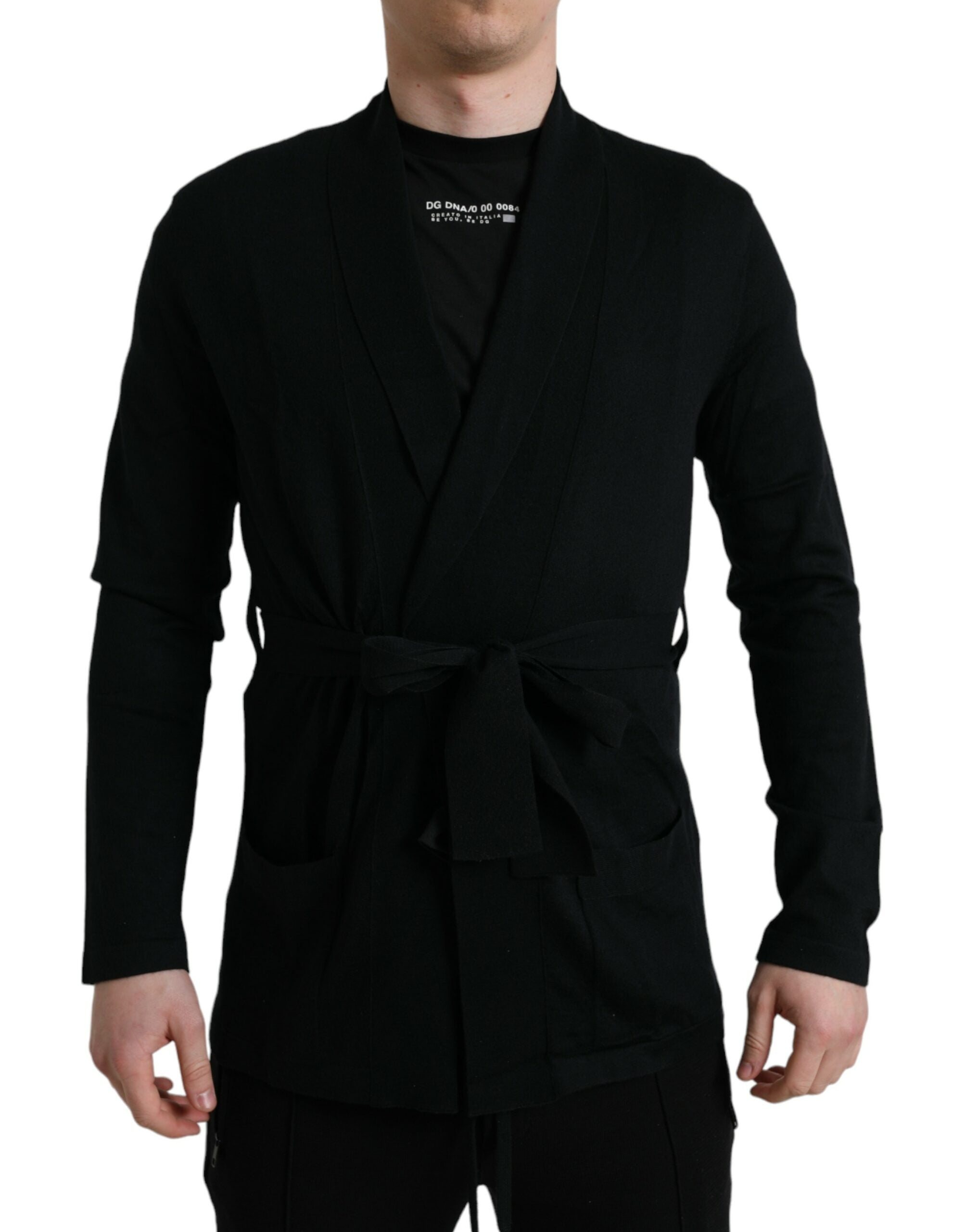 Black cashmere long-sleeve belted wrap robe by Dolce & Gabbana, showcasing soft fabric and elegant design.