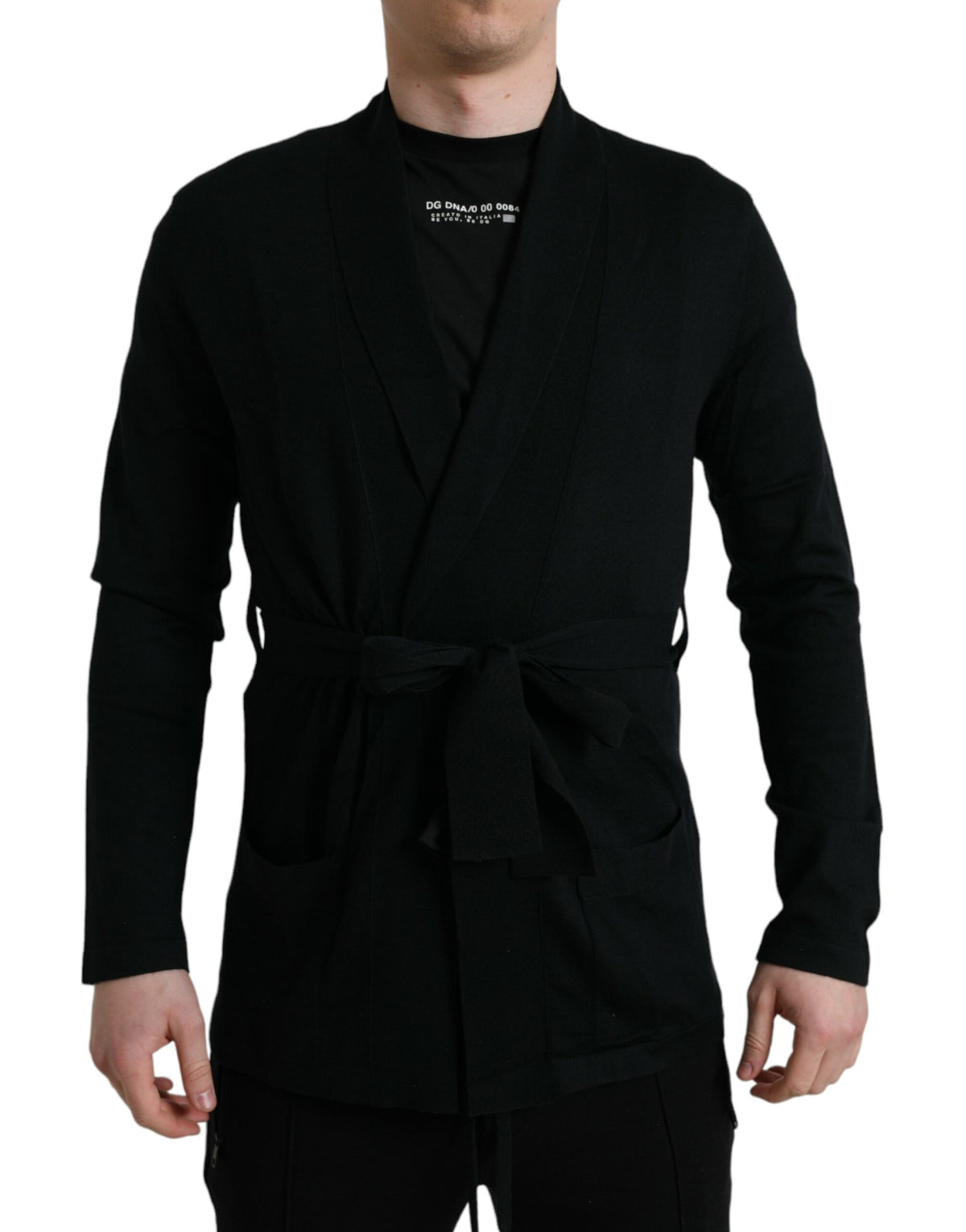 Black cashmere long-sleeve belted wrap robe by Dolce & Gabbana, showcasing soft fabric and elegant design.