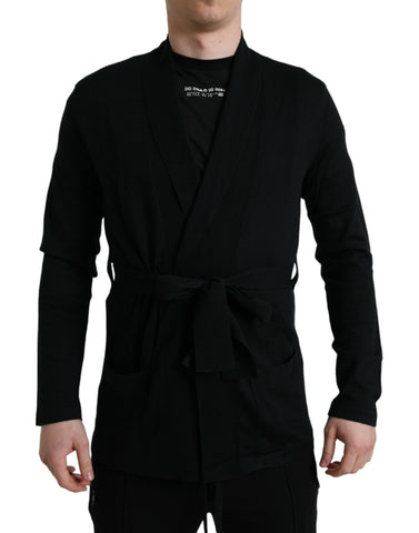 Black cashmere long-sleeve belted wrap robe by Dolce & Gabbana, showcasing soft fabric and elegant design.