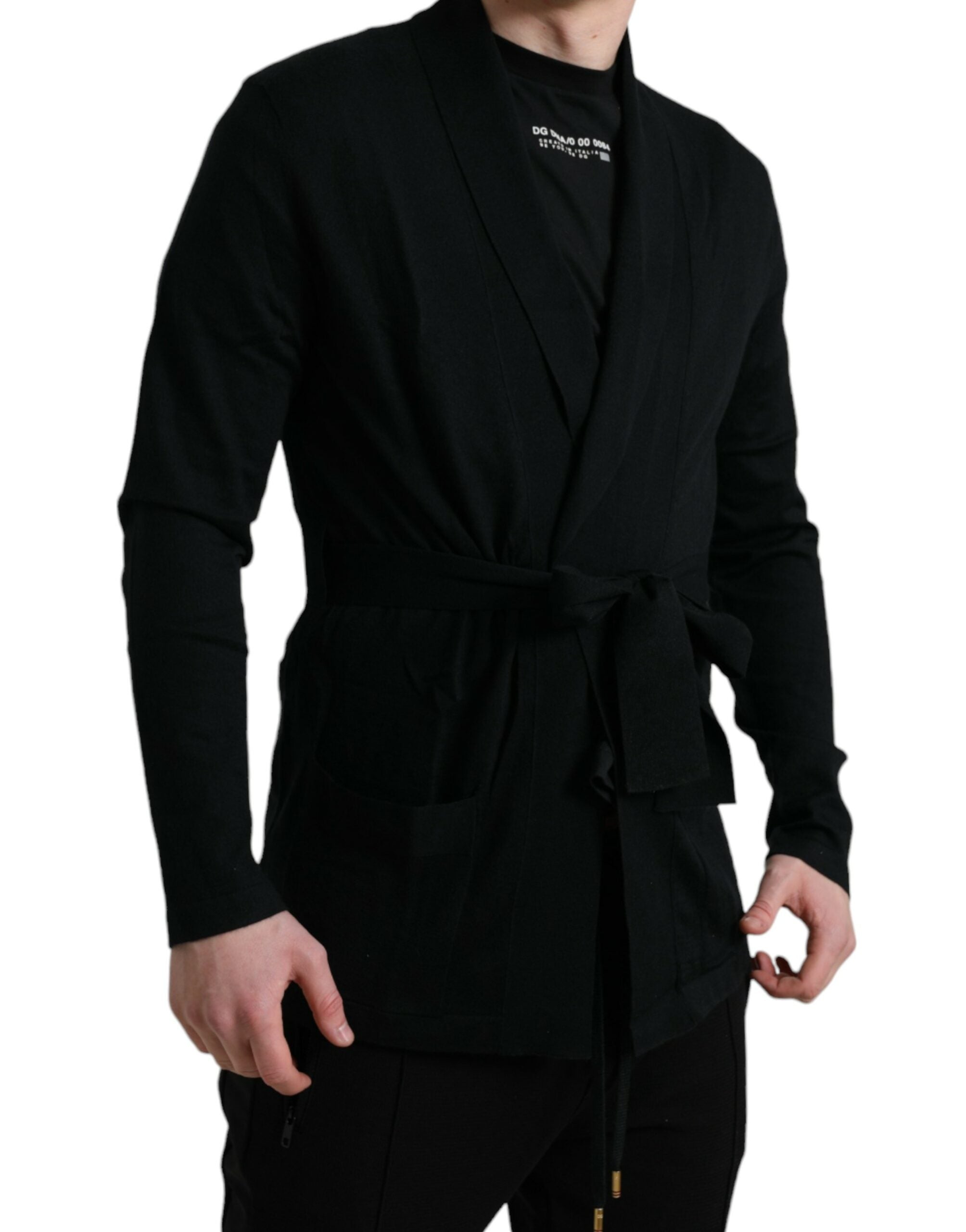 Black cashmere long sleeves belted wrap robe by Dolce & Gabbana, shown on a model, featuring a luxurious soft fabric and elegant design.