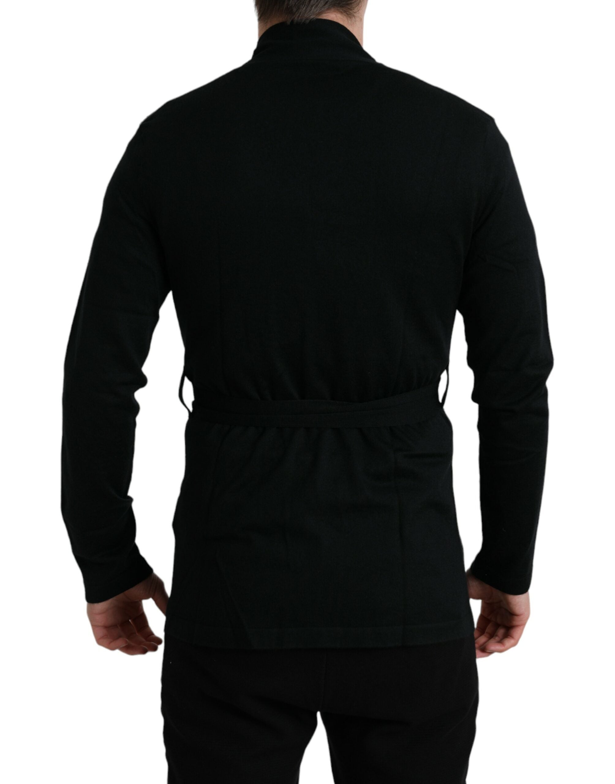 Black cashmere long sleeves belted wrap robe by Dolce & Gabbana, shown on a model, highlighting soft fabric and elegant design.