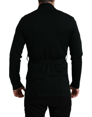 Black cashmere long sleeves belted wrap robe by Dolce & Gabbana, shown on a model, highlighting soft fabric and elegant design.