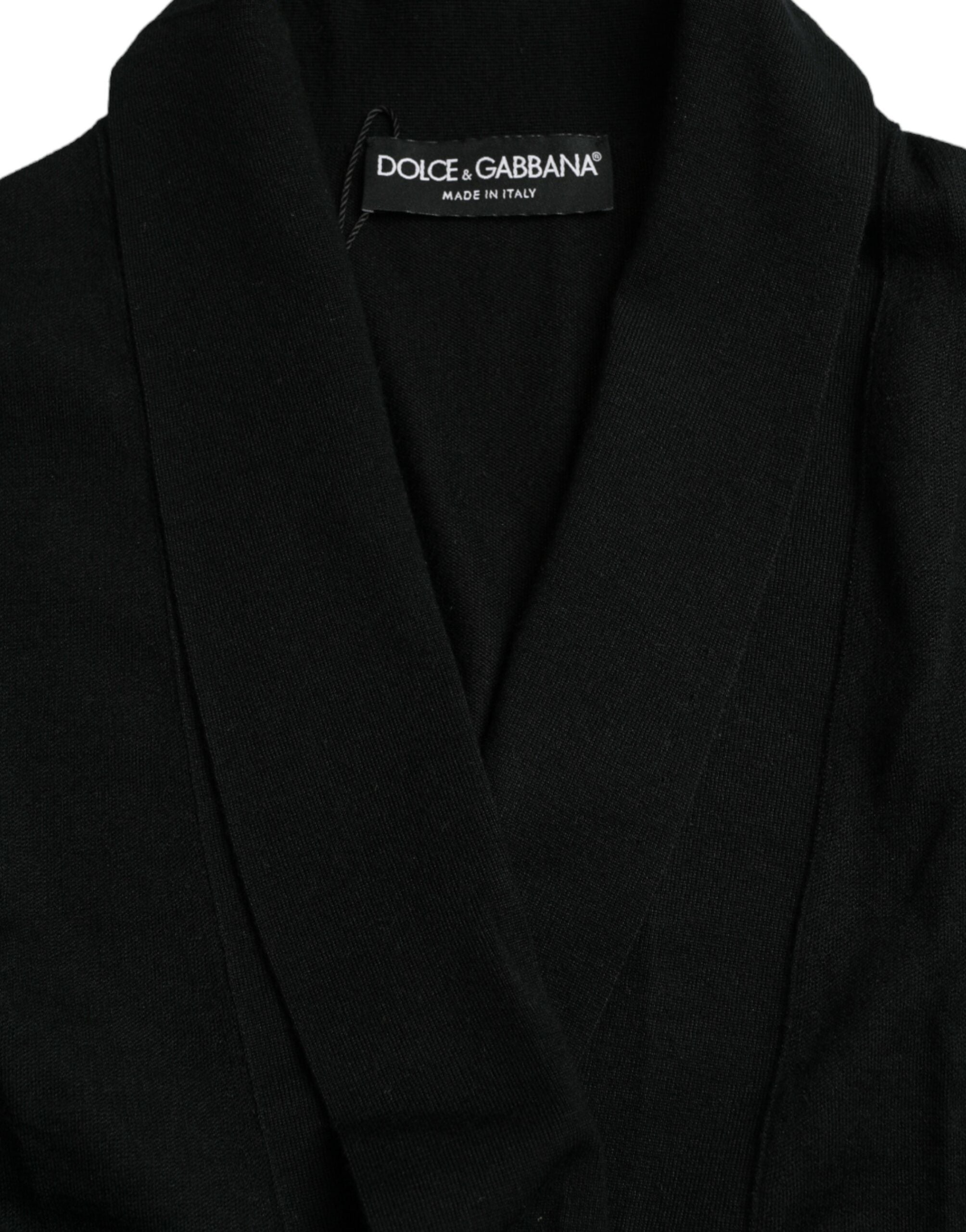 Black cashmere long sleeves belted wrap robe by Dolce & Gabbana, shown with a soft, luxurious fabric and elegant design.