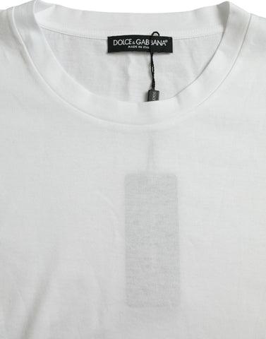 White cotton short sleeve crewneck T-shirt by Dolce & Gabbana, plain design, close-up of fabric texture and neckline.