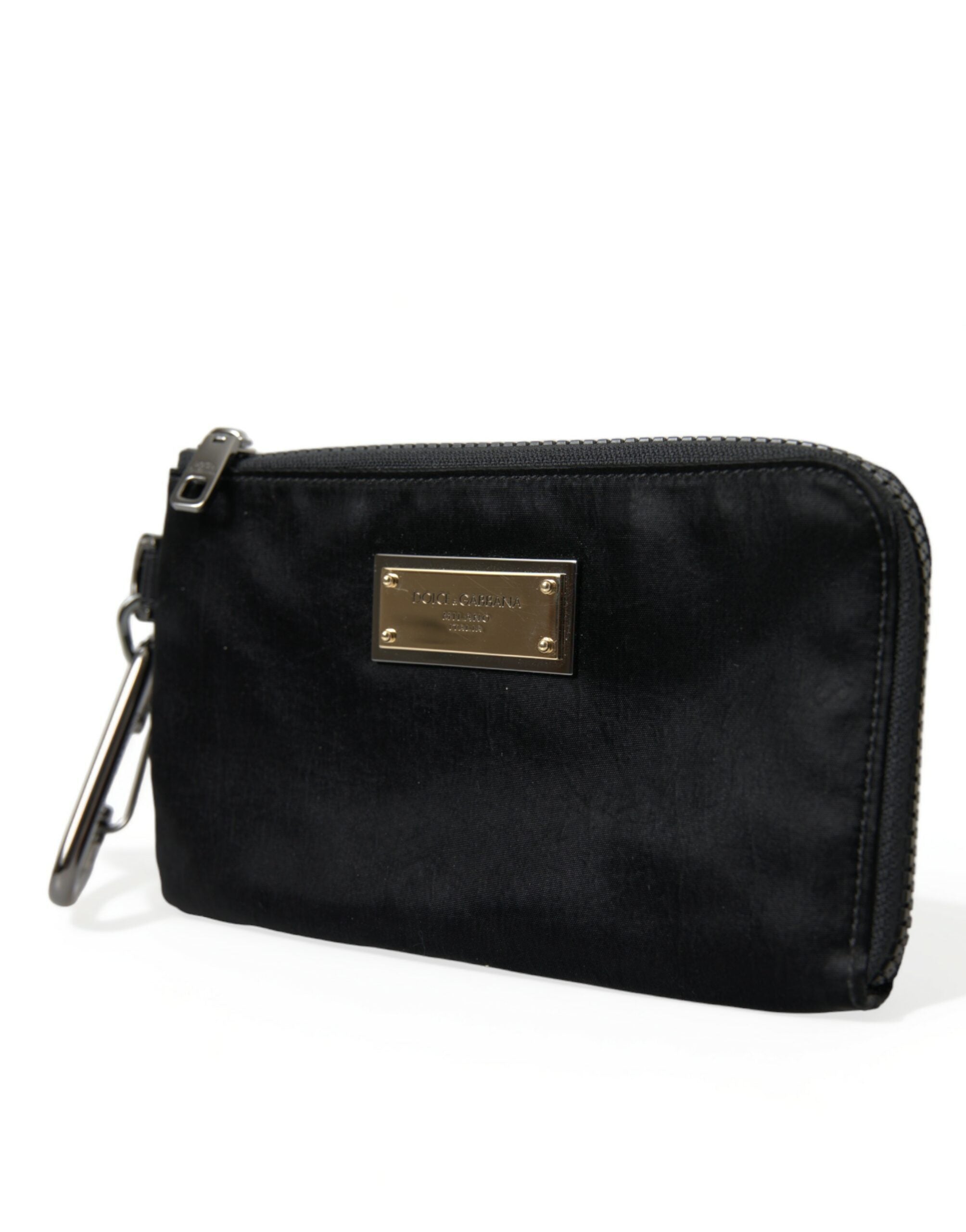 Black nylon Dolce & Gabbana logo plaque keyring pouch with clutch bag design and zip closure.