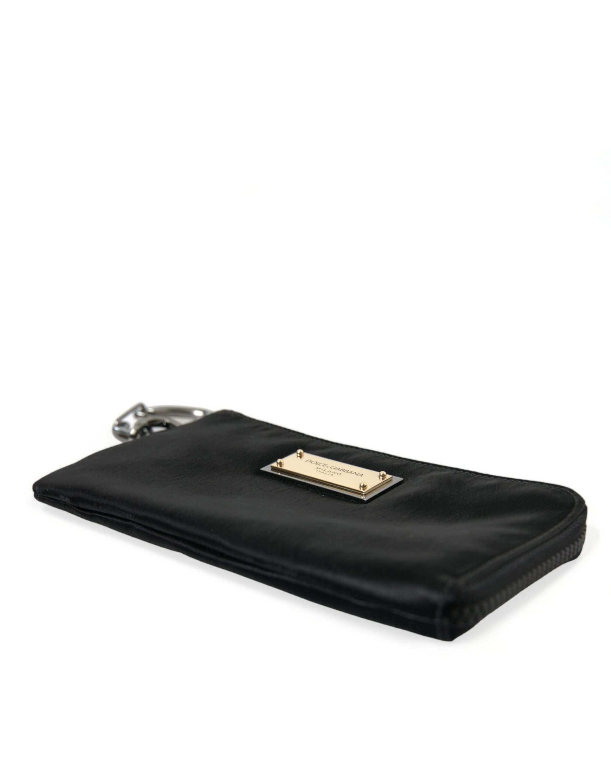 Black nylon Dolce & Gabbana logo plaque keyring pouch with clutch bag design, featuring a sleek, compact accessory with branding detail.