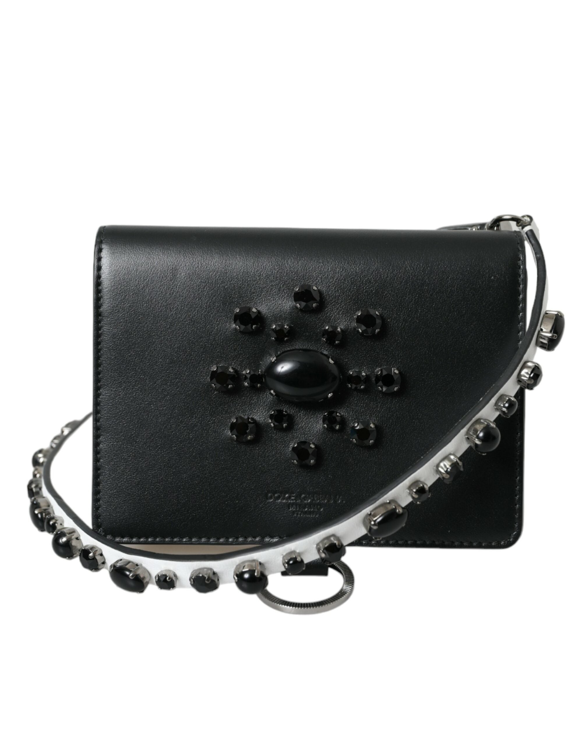 Black and white leather cardholder wallet with crystal embellishments by Dolce & Gabbana, showcasing a sleek and elegant design.