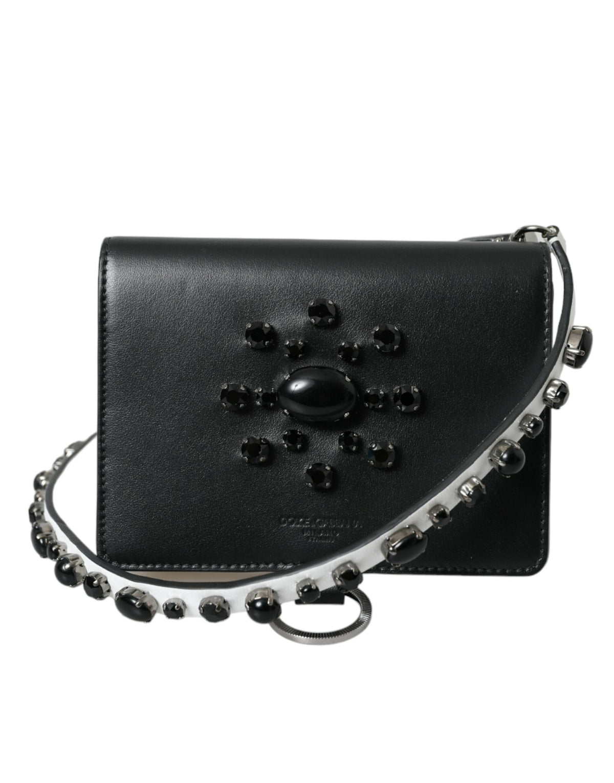 Black and white leather cardholder wallet with crystal embellishments by Dolce & Gabbana, showcasing a sleek and elegant design.