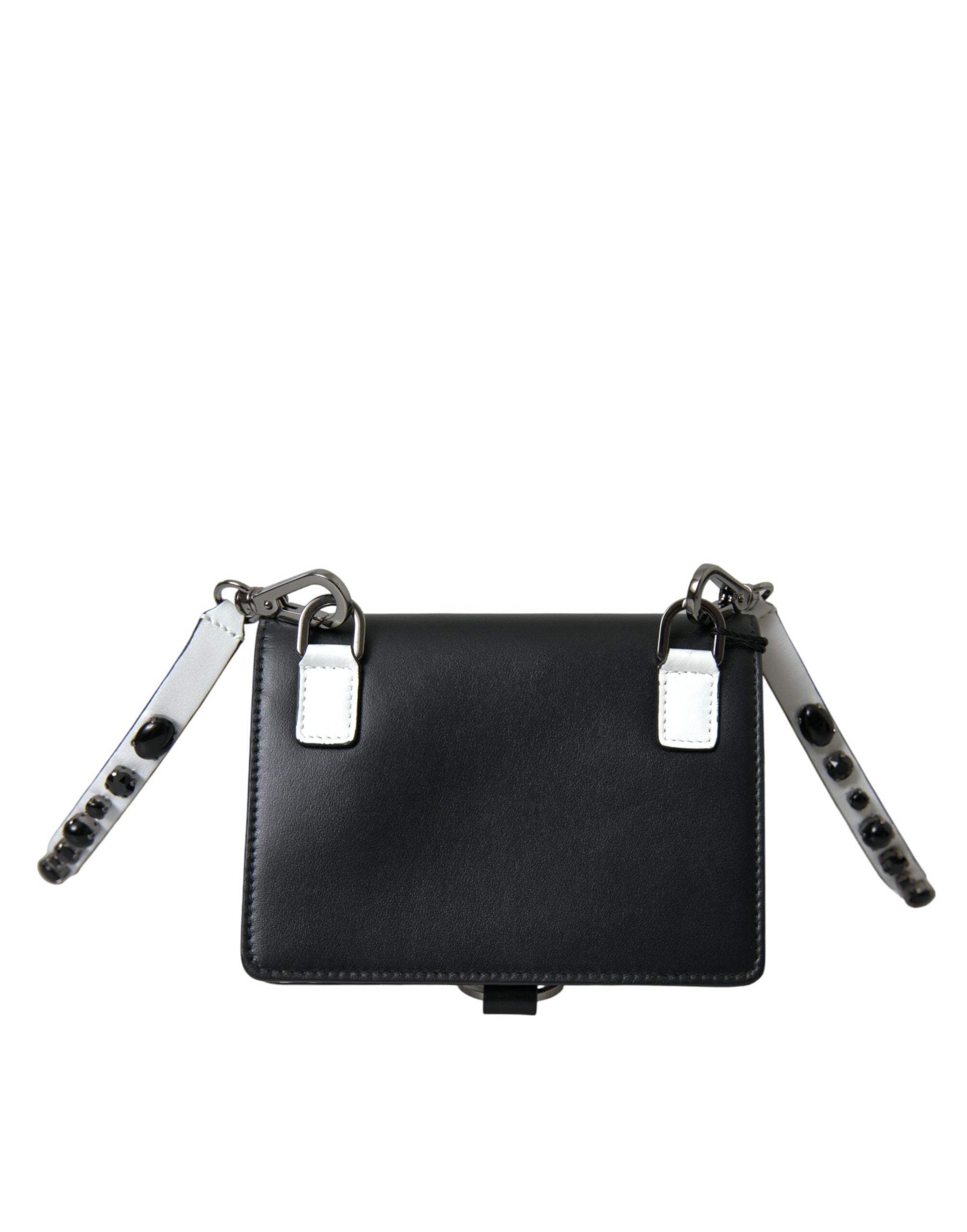 Black and white leather cardholder wallet with crystal embellishments by Dolce & Gabbana, featuring multiple card slots and a sleek design.