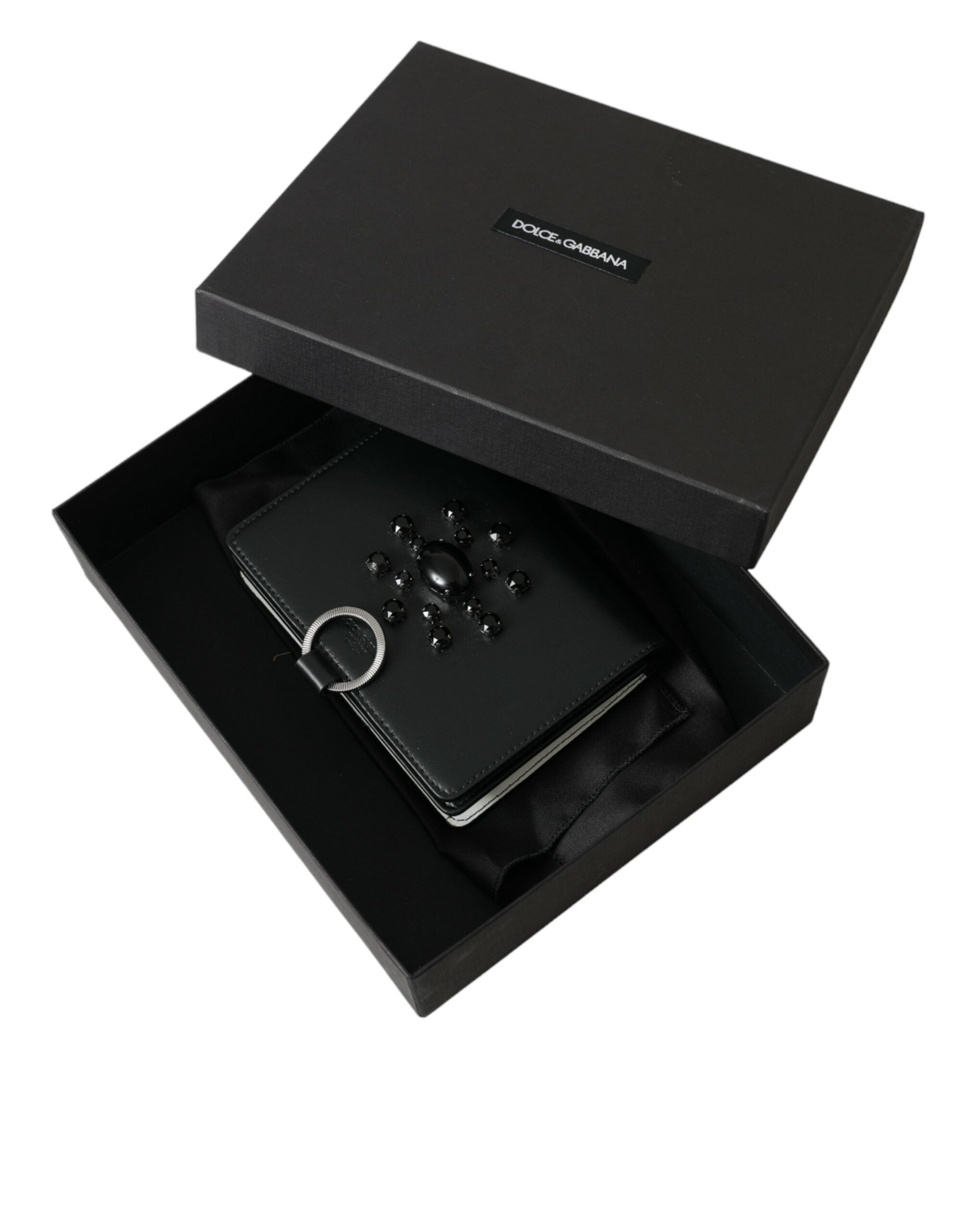 Black and white leather cardholder wallet with crystal embellishments from Dolce & Gabbana, featuring multiple card slots and a sleek design.