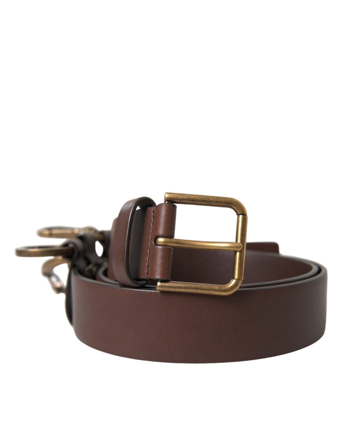 Brown calf leather belt with gold metal buckle by Dolce & Gabbana, featuring smooth leather and sleek buckle design.