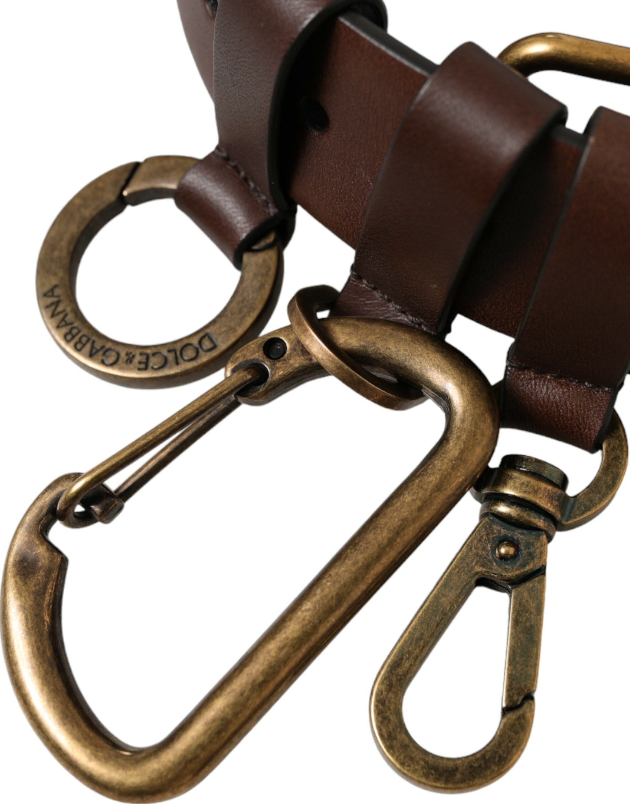 Brown calf leather belt with gold metal buckle by Dolce & Gabbana, showing the sleek strap and polished buckle detail.