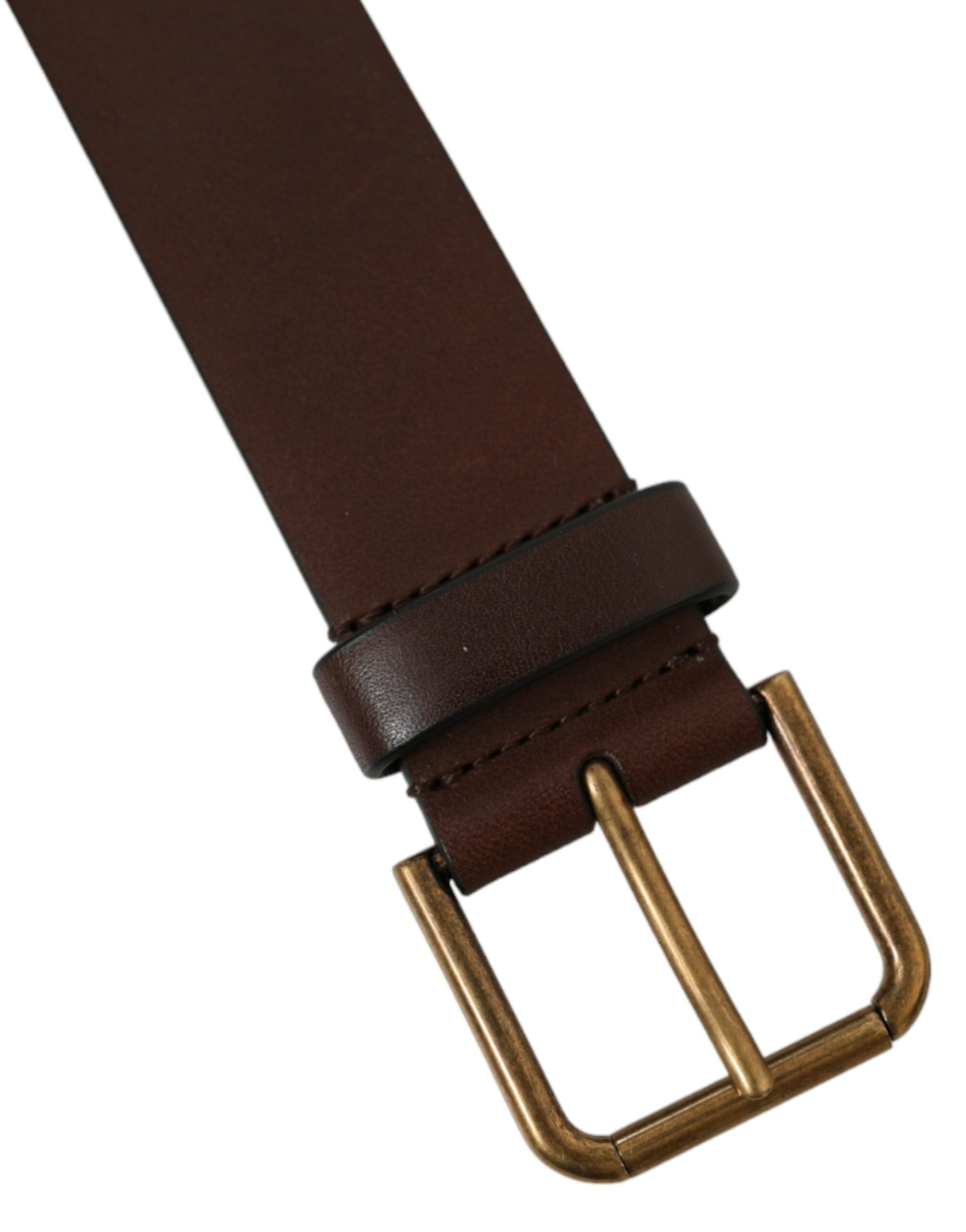 Brown calf leather belt with gold metal buckle, stylish Dolce & Gabbana accessory, featuring a sleek and sophisticated design.