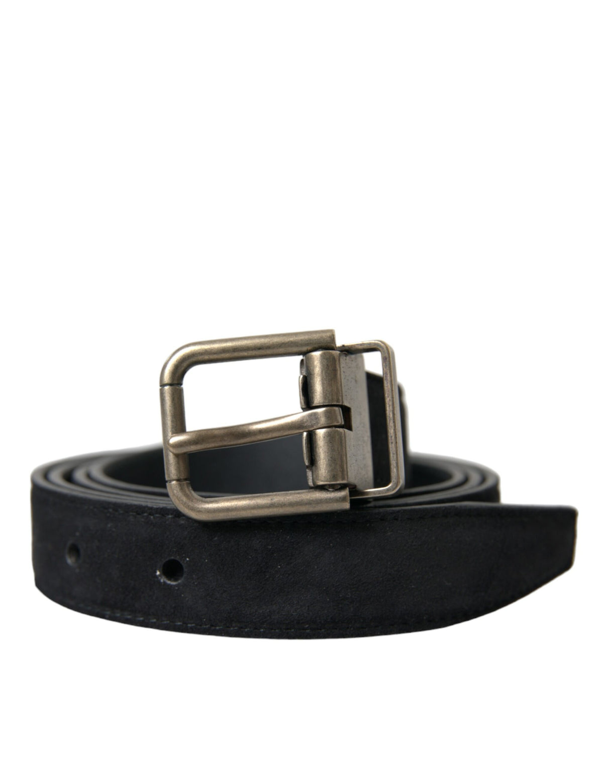 Black goat leather belt with antique metal buckle by Dolce & Gabbana, featuring a sleek design and high-quality craftsmanship.